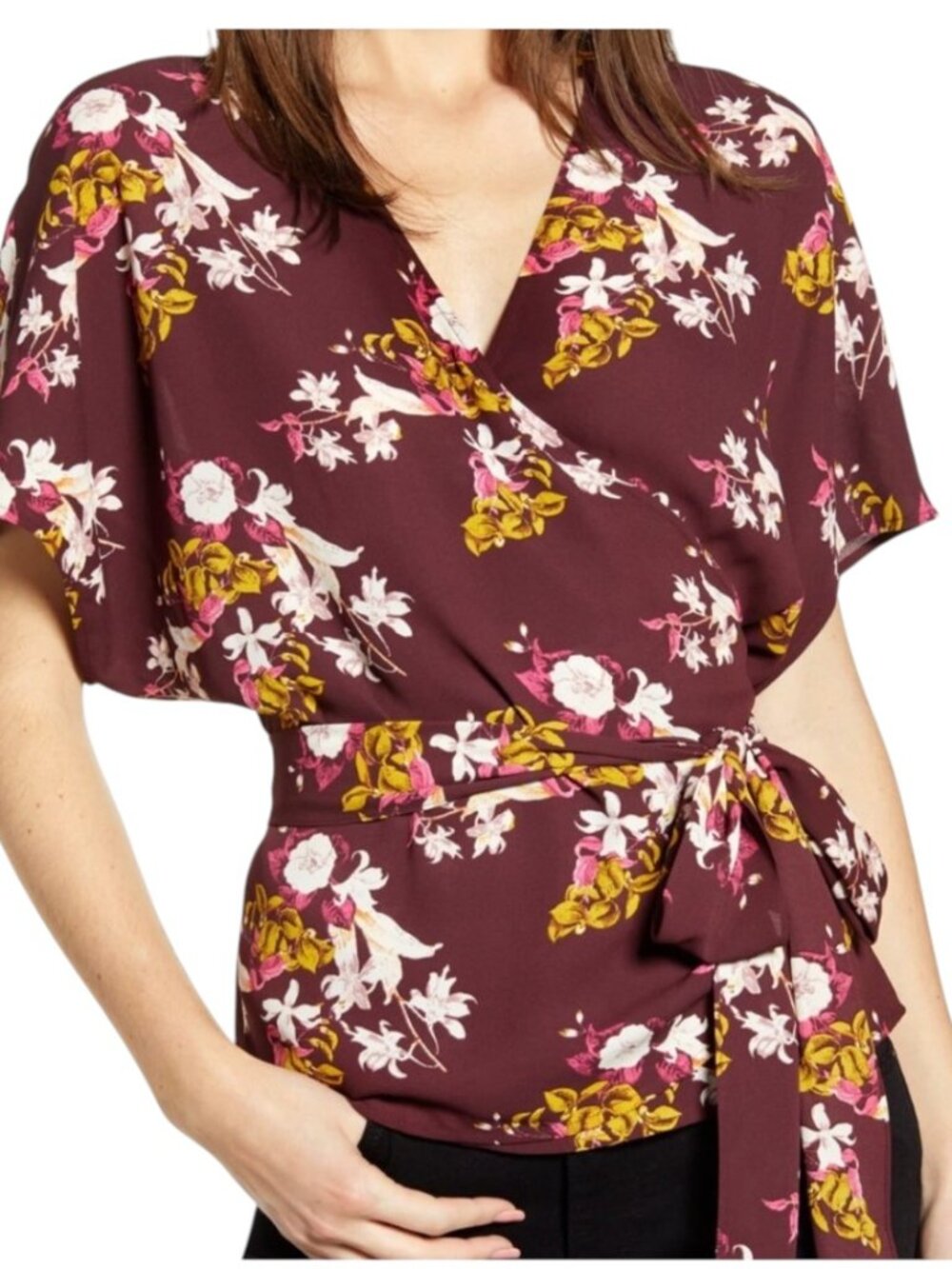 Chelsea28 Burgundy Floral Wrap Style Top I Size: XL